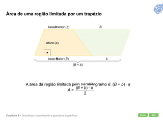 Início SairCapítulo 8 • Grandeza comprimento e grandeza superfície
(B + b)
A =
A área da região limitada pelo paralelogramo é: (B + b) . a
base menor (b)b
base maior (B)B b
B
altura (a)
Área de uma região limitada por um trapézio
 