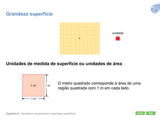 Início SairCapítulo 8 • Grandeza comprimento e grandeza superfície
unidade
Grandeza superfície
O metro quadrado corresponde à área de uma
região quadrada com 1 m em cada lado.
1 m
1 m1 m2
Unidades de medida de superfície ou unidades de área
 