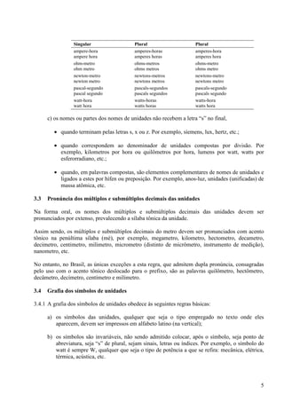 5
Singular Plural Plural
ampere-hora
ampere hora
amperes-horas
amperes horas
amperes-hora
amperes hora
ohm-metro
ohm metro
ohms-metros
ohms metros
ohms-metro
ohms metro
newton-metro
newton metro
newtons-metros
newtons metros
newtons-metro
newtons metro
pascal-segundo
pascal segundo
pascals-segundos
pascals segundos
pascals-segundo
pascals segundo
watt-hora
watt hora
watts-horas
watts horas
watts-hora
watts hora
c) os nomes ou partes dos nomes de unidades não recebem a letra “s” no final,
• quando terminam pelas letras s, x ou z. Por exemplo, siemens, lux, hertz, etc.;
• quando correspondem ao denominador de unidades compostas por divisão. Por
exemplo, kilometros por hora ou quilômetros por hora, lumens por watt, watts por
esferorradiano, etc.;
• quando, em palavras compostas, são elementos complementares de nomes de unidades e
ligados a estes por hífen ou preposição. Por exemplo, anos-luz, unidades (unificadas) de
massa atômica, etc.
3.3 Pronúncia dos múltiplos e submúltiplos decimais das unidades
Na forma oral, os nomes dos múltiplos e submúltiplos decimais das unidades devem ser
pronunciados por extenso, prevalecendo a sílaba tônica da unidade.
Assim sendo, os múltiplos e submúltiplos decimais do metro devem ser pronunciados com acento
tônico na penúltima sílaba (mé), por exemplo, megametro, kilometro, hectometro, decametro,
decimetro, centimetro, milimetro, micrometro (distinto de micrômetro, instrumento de medição),
nanometro, etc.
No entanto, no Brasil, as únicas exceções a esta regra, que admitem dupla pronúncia, consagradas
pelo uso com o acento tônico deslocado para o prefixo, são as palavras quilômetro, hectômetro,
decâmetro, decímetro, centímetro e milímetro.
3.4 Grafia dos símbolos de unidades
3.4.1 A grafia dos símbolos de unidades obedece às seguintes regras básicas:
a) os símbolos das unidades, qualquer que seja o tipo empregado no texto onde eles
aparecem, devem ser impressos em alfabeto latino (na vertical);
b) os símbolos são invariáveis, não sendo admitido colocar, após o símbolo, seja ponto de
abreviatura, seja “s” de plural, sejam sinais, letras ou índices. Por exemplo, o símbolo do
watt é sempre W, qualquer que seja o tipo de potência a que se refira: mecânica, elétrica,
térmica, acústica, etc.
 