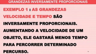 1/7/20XX 15
EXEMPLO 1 : AS GRANDEZAS
VELOCIDADE E TEMPO SÃO
INVERSAMENTE PROPORCIONAIS.
AUMENTANDO A VELOCIDADE DE UM
OBJETO, ELE GASTARÁ MENOS TEMPO
PARA PERCORRER DETERMINADO
PERCURSO.
GRANDEZAS INVERSAMENTE PROPORCIONAIS
 