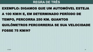 REGRA DE TRÊS
1/7/20XX 20
EXEMPLO: DIGAMOS QUE UM AUTOMÓVEL ESTEJA
A 100 KM/H E, EM DETERMINADO PERÍODO DE
TEMPO, PERCORRA 250 KM. QUANTOS
QUILÔMETROS PERCORRERIA SE SUA VELOCIDADE
FOSSE 75 KM/H?
 