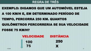 REGRA DE TRÊS
1/7/20XX 21
EXEMPLO: DIGAMOS QUE UM AUTOMÓVEL ESTEJA
A 100 KM/H E, EM DETERMINADO PERÍODO DE
TEMPO, PERCORRA 250 KM. QUANTOS
QUILÔMETROS PERCORRERIA SE SUA VELOCIDADE
FOSSE 75 KM/H?
VELOCIDADE DISTÂNCIA
100 250
75 X
 