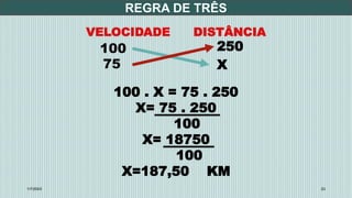 REGRA DE TRÊS
1/7/20XX 23
VELOCIDADE DISTÂNCIA
100 250
75 X
100 . X = 75 . 250
X= 75 . 250
100
X= 18750
100
X=187,50 KM
 