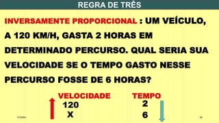 REGRA DE TRÊS
1/7/20XX 25
INVERSAMENTE PROPORCIONAL : UM VEÍCULO,
A 120 KM/H, GASTA 2 HORAS EM
DETERMINADO PERCURSO. QUAL SERIA SUA
VELOCIDADE SE O TEMPO GASTO NESSE
PERCURSO FOSSE DE 6 HORAS?
VELOCIDADE TEMPO
120 2
X 6
 