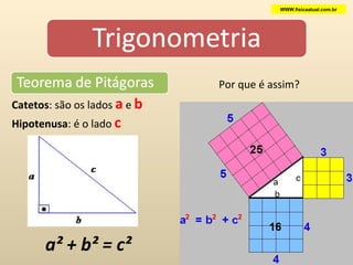 Catetos : são os lados  a  e  b   Hipotenusa : é o lado  c   a² + b² = c² Por que é assim? WWW.fisicaatual.com.br 