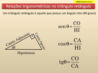 Um triângulo retângulo é aquele que possui um ângulo reto (90 graus) Cateto Adjacente Cateto Oposto Hipotenusa WWW.fisicaatual.com.br ) θ 