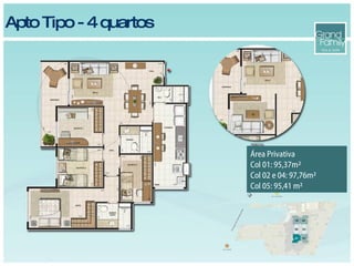 Apto Tipo - 4 quartos Área Privativa Col 01: 95,37m² Col 02 e 04: 97,76m² Col 05: 95,41 m² 