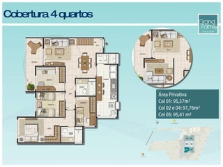 Cobertura 4 quartos Área Privativa Col 01: 95,37m² Col 02 e 04: 97,76m² Col 05: 95,41 m² 