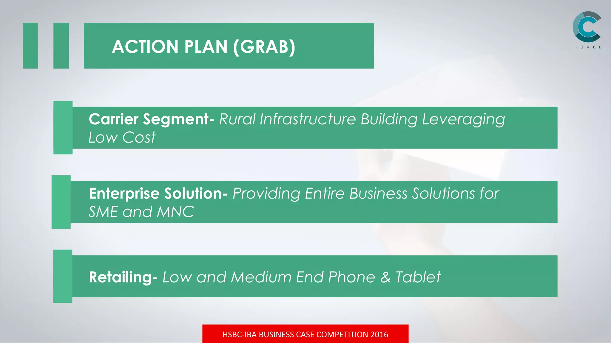 HSBC-IBA BUSINESS CASE COMPETITION 2016
ACTION PLAN (GRAB)
Carrier Segment- Rural Infrastructure Building Leveraging
Low Cost
Enterprise Solution- Providing Entire Business Solutions for
SME and MNC
Retailing- Low and Medium End Phone & Tablet
 