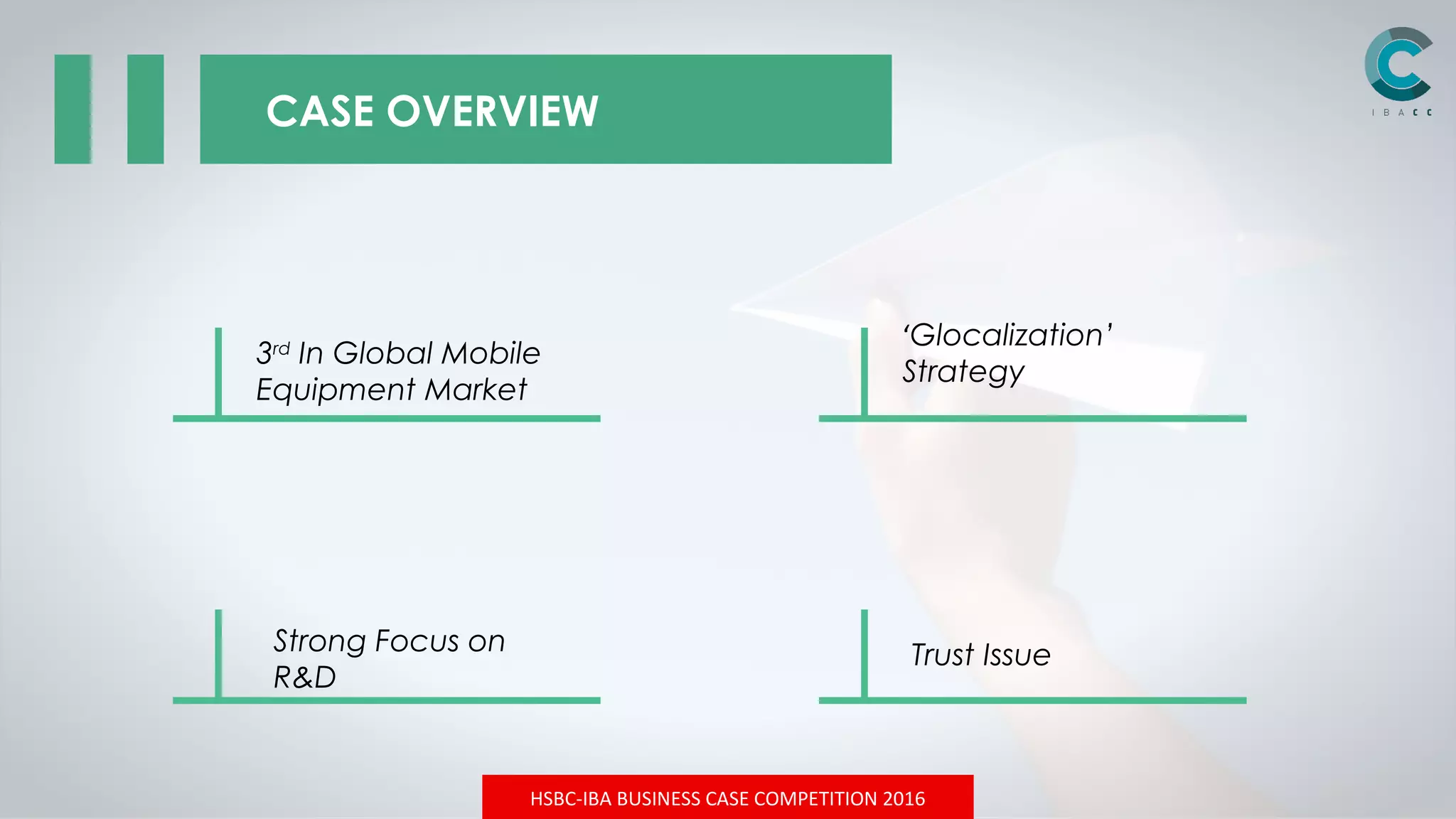 HSBC-IBA BUSINESS CASE COMPETITION 2016
CASE OVERVIEW
3rd
In Global Mobile
Equipment Market
‘Glocalization’
Strategy
Strong Focus on
R&D
Trust Issue
 