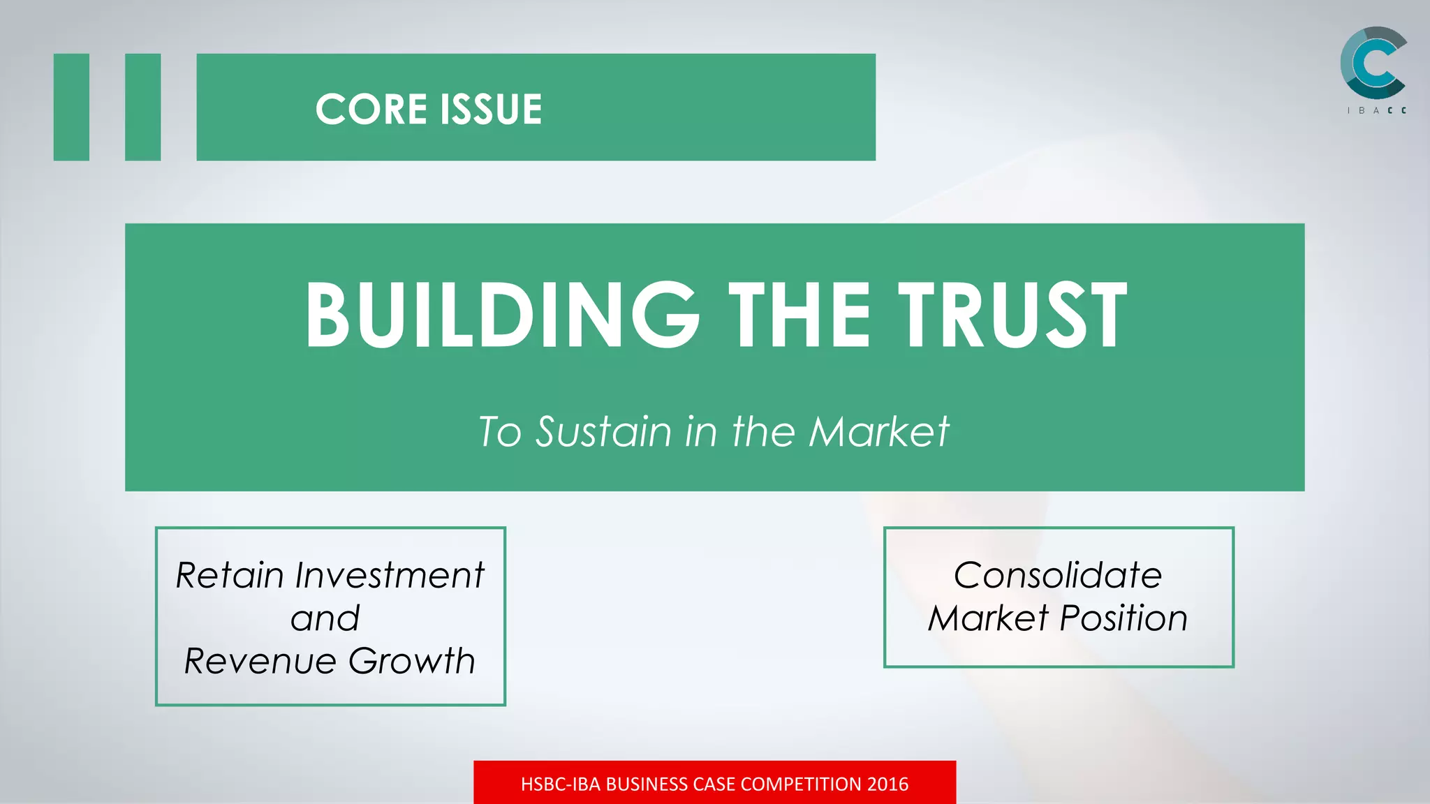 HSBC-IBA BUSINESS CASE COMPETITION 2016
CORE ISSUE
BUILDING THE TRUST
To Sustain in the Market
Retain Investment
and
Revenue Growth
Consolidate
Market Position
 