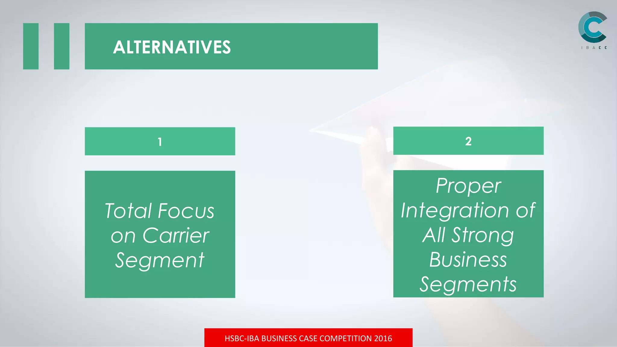 HSBC-IBA BUSINESS CASE COMPETITION 2016
ALTERNATIVES
Total Focus
on Carrier
Segment
Proper
Integration of
All Strong
Business
Segments
1 2
 
