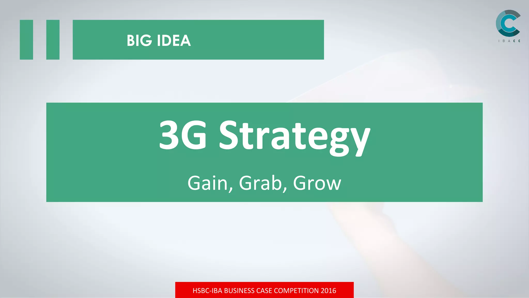 HSBC-IBA BUSINESS CASE COMPETITION 2016
BIG IDEA
3G Strategy
Gain, Grab, Grow
 