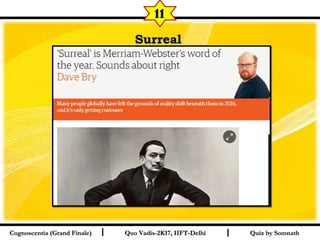 I I
SurrealSurreal  
Quiz by SomnathQuiz by SomnathCognoscentia (Grand Finale)Cognoscentia (Grand Finale) Quo Vadis-2K17, IIFT-DelhiQuo Vadis-2K17, IIFT-Delhi
11
 