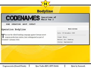 I I
BodylineBodyline  
Quiz by SomnathQuiz by SomnathCognoscentia (Grand Finale)Cognoscentia (Grand Finale) Quo Vadis-2K17, IIFT-DelhiQuo Vadis-2K17, IIFT-Delhi
14
 