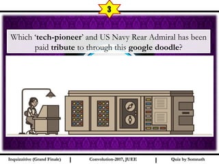 I I
3
Quiz by SomnathQuiz by SomnathInquizzitive (Grand Finale)Inquizzitive (Grand Finale) Convolution-2017, JUEEConvolution-2017, JUEE
Which ‘tech-pioneer’ and US Navy Rear Admiral has been
paid tribute to through this google doodle?
 