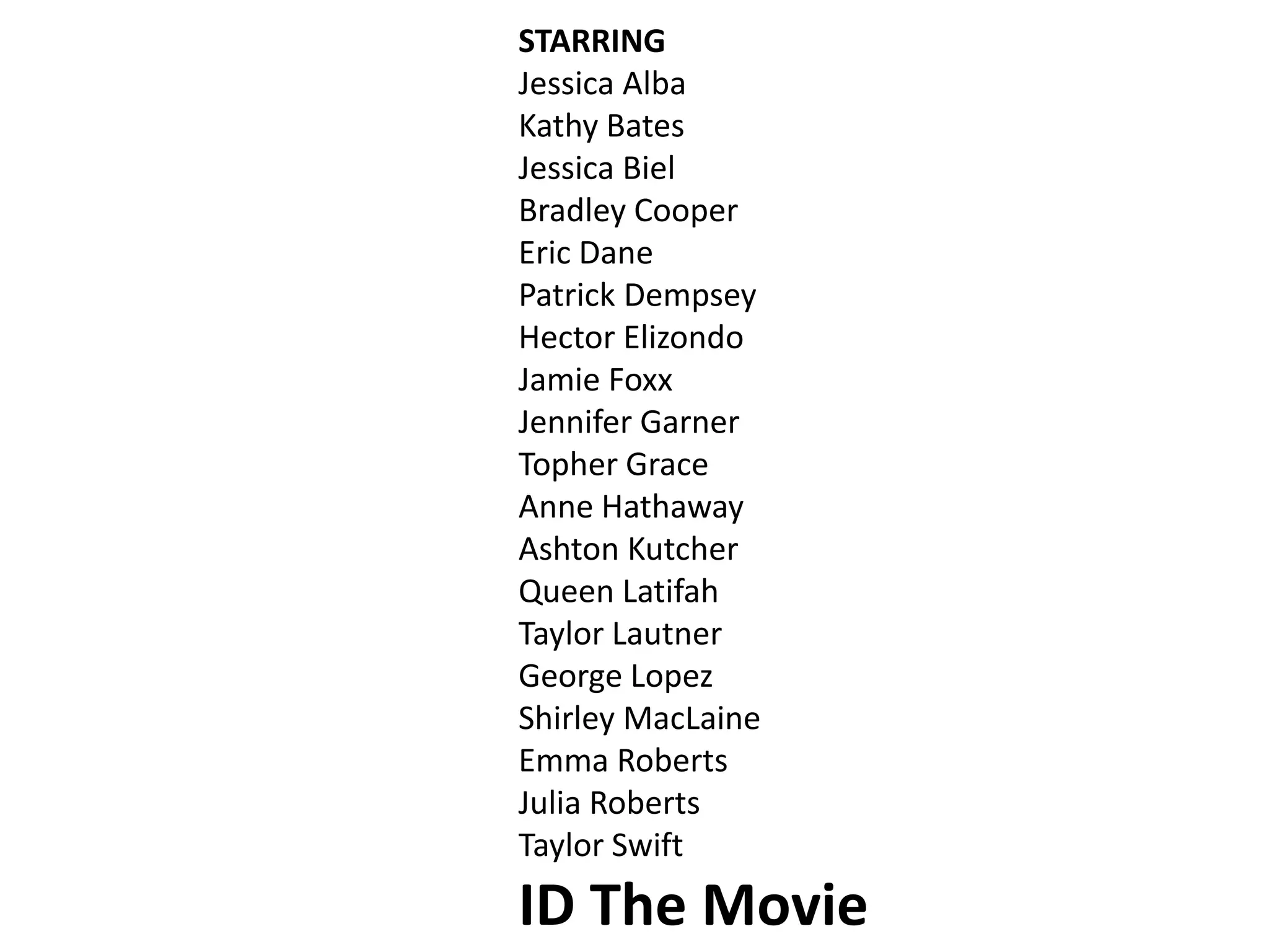 STARRING
Jessica Alba
Kathy Bates
Jessica Biel
Bradley Cooper
Eric Dane
Patrick Dempsey
Hector Elizondo
Jamie Foxx
Jennifer Garner
Topher Grace
Anne Hathaway
Ashton Kutcher
Queen Latifah
Taylor Lautner
George Lopez
Shirley MacLaine
Emma Roberts
Julia Roberts
Taylor Swift
ID The Movie
 