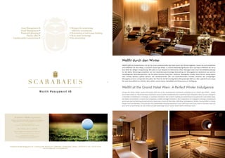 Wellfit durch den Winter
Wellfit heißt die Zauberformel, mit der Sie unser professionelles Spa Team durch den Winter begleitet. Lassen Sie sich verwöhnen
und entfliehen Sie dem Alltag in unserem Grand Spa No
605. In unseren Behandlungsräumen Terra und Aqua entführen wir Sie in
eine Welt der völligen Entspannung. Wie wäre es zum Beispiel mit ätherischen Ölen, Massagen oder einer Kosmetikbehandlung?
Für die kalten Wintertage empfehlen wir eine besonders geschmeidige Behandlung mit Massagekerzen bestehend aus warmer
hautpflegender Wachskomposition, die Sie selbst zwischen Shea Aloe, Wildrose, Madagaskar Vanille, Kokos Minze, Honig Ingwer
oder Limette Bambus wählen können. Die revitalisierenden Öle und hautschützenden Extrakte verleihen der einzigartigen
Massagekerze einen anregenden Charakter. Der Preis für die 90-minütige Behandlung beträgt 168 Euro. Wer zusätzlich noch etwas
für seine Gesundheit tun möchte, dem stehen unsere Sauna, Dampfbad und Fitnessraum zur Verfügung.
Wellfit at the Grand Hotel Wien: A Perfect Winter Indulgence
Escape the hectic winter hustle and bustle with one of the revolutionary treatments available at our Grand Spa No
605... where
you‘ll step inside our Terra and Aqua treatment rooms and be transported into a world of total relaxation. Here you can indulge in
a essential oil treatment, a massage, or cosmetic treatment. But if you‘re looking for something extra special for cold winter days,
we highly recommend a smooth and sumptuous candle massage treatment. You‘ll experience an indulgent massage consisting of
warm wax and revitalizing oils and extracts, featuring a choice of Shea Aloe, Wild Rose, Madagascar Vanilla, Coconut Mint or Honey
Ginger and Lime Bamboo. The price for this unbelievable relaxing experience is just 168 Euros and if you want to do even more for
your sense of well-being, we also invite you take advantage of our sauna, steam bath and fitness room.
21
 