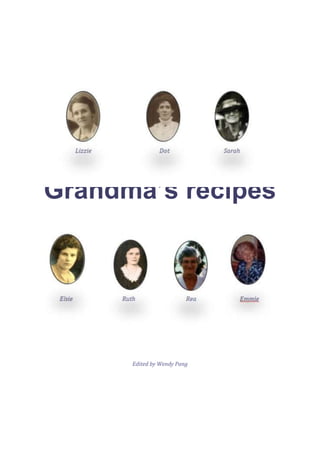 -107950-172085<br />Grandma’s recipes<br />Edited by Wendy Pang<br />Grandma’s recipes<br />Edited by Wendy Pang<br />1047750288925<br />Thanks<br />Special thanks to Sandra Routley for passing on Lizzie Moody’s recipes and sparking the idea that recipes are something that link us to the women in our history. Thanks also to:Irma Gold, University of Canberra, for her guidance through the projectAdrienne, Deb, Kate, and Rhonda — fellow editors in the Advanced Editing course, for thoughtful suggestionsMichael Pang, for the graphic designCopyright holders for recipe text and photos: Kenneth Draney, Roy and Spencer Featherstone, Rose Komduur, Gay Middleton, Robert and Wendy Pang, and Sandra Routley.  <br />Grandma's Recipes<br />ISBN: 978-0-9806119-0-8 (online)<br />ISBN: 978-0-9806119-1-5 (paperback)<br />Publication date: January 2009<br />Recommended retail price: $0.00<br />Published and edited by <br />Wendy Pang<br />17 Cloncurry St<br />Kaleen 2617<br />ACT<br />Australia<br />wpang@netspace.net.au<br />61 2 6241 4487<br />Some rights reserved. Read http://creativecommons.org/licenses/by-nc-sa/3.0/Catalog-in-publishing data for more information.<br />Computer typeset in Calibri, Cambria and ScriptinaPrinted in Canberra, Australia and also distributed electronically<br />10 9 8 7 6 5 4 3 2 1<br />Contents<br />PageIntroduction10Lizzie Moody From Yorkshire to Toowoomba in 191011Dot Featherstone Making do in the Depression – the thirties16Sarah Jane BaileyA widow raising nine children alone – the thirties23Elsie McAllanHolding dreams of better times – the forties25Ruth Draney Raising a family through the church – the fifties27Rea Featherstone The fifties housewife29Emmie Featherstone Country hospitality in town – the sixties40Notes From the editor Cooking terms and ingredientsOven temperatures42PhotosPermissions43Index44<br />Introduction<br />In June 2007, I cooked a nostalgic dinner using favourite recipes from my mother Rea Featherstone. The meal was to celebrate my sister Judy’s visit from the United States. It included my brother Spencer’s and my families.<br />Afterwards, I started to write out my mother’s recipes to share with everyone. Then I realised that the recipe book should include recipes from grandmothers, my mother and aunts. My cousin Rose Komduur sent me my grandmother Dot Featherstone’s Depression-era recipe book. My relative Sandra Routley sent me her grandmother’s recipes, reminding me that keeping their recipes alive is a way to remember our grandmothers.<br />In the days when communities were small, most men were remembered for their contribution to the community in an obituary. The contribution our mothers and grandmothers made is rarely recognised this way. Some of them left England never to return, like Dot Featherstone and Lizzie Moody. Others were second-generation Australians like Rea and her sisters Elsie McAllen and Ruth Draney. They were the wives of working men – average Anglo-Celtic Australians. They pass down to us their way of speech, their linen and jewellery, their sewing machines and recipes.<br />I hope you will cook some of these recipes and smile at others, remembering our grandmothers.<br />Wendy PangCanberra December 2008<br />Lizzie Moody<br />3968750248920<br />From Yorkshire to Toowoomba in 1910<br />Elizabeth Basterfield married John William (Jack) Moody in England, probably in the 1890s. They had four children before they decided to migrate to Toowoomba, Queensland, on SS Orvieto in September 1911. Their last child, also called John William (Bill) was born in Toowoomba. The family never returned to Britain.<br />They left Britain at a turbulent time. After Edward VII died in 1910, there were extensive strikes of seamen and miners, dockers and railwaymen. Suffragettes were protesting vigorously. By coming to Australia, Lizzie gained the right to vote earlier than women in Britain.<br />Lizzie settled into life in Toowoomba. Jack had a mixed business in Middlesbrough, opposite the Hippodrome, and sold it before they left. In Toowoomba, as a first-class coach painter, he set up a coach-painting business. That business later employed young Bill and his cousin Don Featherstone.<br />Although it isn’t difficult to find out about Jack’s life, it is more difficult to find out about Lizzie. She was a home-maker, and raised five children. She has left us some recipes, and through this tenuous link, we have a picture of Lizzie’s connection to the land of her birth.<br />Lizzie’s granddaughter Sandra Routley, daughter of Lizzie’s son Les, sent me Lizzie’s Yorkshire recipes, with a reminder that we should not lose the recipes, as they are our heritage.<br />Lizzie Moody’s recipes<br />From Yorkshire to Toowoomba in 1910<br />,[object Object]