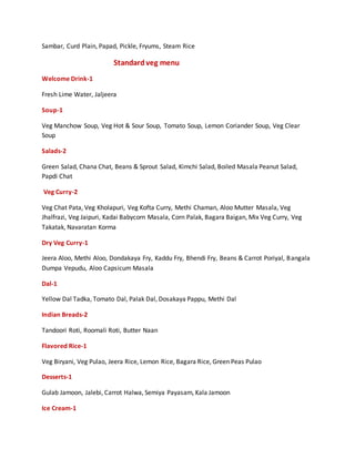 Sambar, Curd Plain, Papad, Pickle, Fryums, Steam Rice
Standardveg menu
Welcome Drink-1
Fresh Lime Water, Jaljeera
Soup-1
Veg Manchow Soup, Veg Hot & Sour Soup, Tomato Soup, Lemon Coriander Soup, Veg Clear
Soup
Salads-2
Green Salad, Chana Chat, Beans & Sprout Salad, Kimchi Salad, Boiled Masala Peanut Salad,
Papdi Chat
Veg Curry-2
Veg Chat Pata, Veg Kholapuri, Veg Kofta Curry, Methi Chaman, Aloo Mutter Masala, Veg
Jhalfrazi, Veg Jaipuri, Kadai Babycorn Masala, Corn Palak, Bagara Baigan, Mix Veg Curry, Veg
Takatak, Navaratan Korma
Dry Veg Curry-1
Jeera Aloo, Methi Aloo, Dondakaya Fry, Kaddu Fry, Bhendi Fry, Beans & Carrot Poriyal, Bangala
Dumpa Vepudu, Aloo Capsicum Masala
Dal-1
Yellow Dal Tadka, Tomato Dal, Palak Dal, Dosakaya Pappu, Methi Dal
Indian Breads-2
Tandoori Roti, Roomali Roti, Butter Naan
Flavored Rice-1
Veg Biryani, Veg Pulao, Jeera Rice, Lemon Rice, Bagara Rice, Green Peas Pulao
Desserts-1
Gulab Jamoon, Jalebi, Carrot Halwa, Semiya Payasam, Kala Jamoon
Ice Cream-1
 