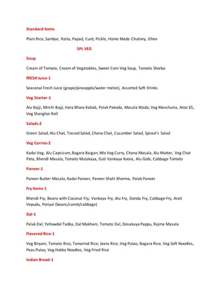 Standard Items
Plain Rice, Sambar, Raita, Papad, Curd, Pickle, Home Made Chutney, Ghee
SPL VEG
Soup
Cream of Tomato, Cream of Vegetables, Sweet Corn Veg Soup, Tomato Shorba
fRESH Juice-1
Seasonal Fresh Juice (grape/pineapple/water melon), Assorted Soft Drinks
Veg Starter-1
Alu Bajji, Mirchi Bajji, Hara Bhara Kabab, Palak Pakoda, Masala Wada, Veg Manchuria, Aloo 65,
Veg Shanghai Roll
Salads-2
Green Salad, Alu Chat, Tossed Salad, Chana Chat, Cucumber Salad, Sprout’s Salad
Veg Curries-2
Kadai Veg, Alu Capsicum, Bagara Baigan, Mix Veg Curry, Chana Masala, Alu Mutter, Veg Chat
Pata, Bhendi Masala, Tomato Mulakaya, Guti Vankaya Koora, Alu Gobi, Cabbage Tomato
Paneer-1
Paneer Butter Masala, Kadai Paneer, Paneer Shahi Khorma, Palak Paneer
Fry Items-1
Bhendi Fry, Beans with Coconut Fry, Vankaya Fry, Alu Fry, Donda Fry, Cabbage Fry, Arati
Vepudu, Poriyal (beans/carrot/cabbage)
Dal-1
Palak Dal, Yellowdal Tadka, Dal Makhani, Tomato Dal, Dosakaya Pappu, Rajma Masala
Flavored Rice-1
Veg Biryani, Tomato Rice, Tamarind Rice, Jeera Rice, Veg Pulao, Bagara Rice, Veg Soft Noodles,
Peas Pulao, Veg Hakka Noodles, Veg Fried Rice
Indian Bread-1
 