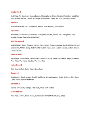 Veg Curries-2
Kadai Veg, Alu Capsicum, Bagara Baigan, Mix Veg Curry, Chana Masala, Alu Mutter, Veg Chat
Pata, Bhendi Masala, Tomato Mulakaya, Guti Vankaya Koora, Alu Gobi, Cabbage Tomato
Paneer-1
Paneer Butter Masala, Kadai Paneer, Paneer Shahi Khorma, Palak Paneer
Fry Items-1
Bhendi Fry, Beans with Coconut Fry, Vankaya Fry, Alu Fry, Donda Fry, Cabbage Fry, Arati
Vepudu, Poriyal (beans/carrot/cabbage)
Non Veg Dishes-2
Kadai Chicken, Butter Chicken, Chicken Curry, Ginger Chicken, Dum Ka Murgh, Chicken Biryani,
Chicken Fry, Mutton Curry, Kadai Gosht, Mutton Rogan Josh, Mutton Masala, Mutton Biryani,
Lagan Chicken
Flavored Rice-1
Veg Biryani, Tomato Rice, Tamarind Rice, Jeera Rice, Veg Pulao, Bagara Rice, Veg Soft Noodles,
Peas Pulao, Veg Hakka Noodles, Veg Fried Rice
Indian Bread-1
Roti, Roomali Roti, Butter Naan, Naan, Poori
Desserts-2
Kala Jamoon, Gulab Jamoon, Double Ka Meeta, Semiya Payasam, Kaddu Ka Kheer, Rice Kheer,
Carrot Halwa, Qubani Ka Meeta
Ice Cream-1
Vanilla, Strawberry, Mango, Tutti Frutti, Fruits with Custard
Standard Items
Plain Rice, Sambar, Raita, Papad, Curd, Pickle, Home Made Chutney, Ghee
 