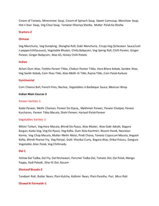 Cream of Tomato, Minestrone Soup, Cream of Spinach Soup, Sweet Cornsoup, Manchow Soup,
Hot n Sour Soup, Veg Clear Soup, Tamatar Dhaniya Shorba, Mutter Palak Ka Shorba
Starters-2
Chinese
Veg Manchuria, Veg Dumpling, Shanghai Roll, Gobi Manchuria, Crispy Veg (Schezwan Sauce/salt
n pepper/chillysauce), Vegetable Bhutan, Chilly Babycorn, Veg Spring Roll, Chilli Paneer, Ginger
Paneer, Ginger Babycorn, Aloo 65, Honey Chilli Potato
Indian
Achari Dum Aloo, Teekha Paneer Tikka, Chakuri Paneer Tikka, Hara Bhara Kebab, Sandee Aloo,
Veg Seekh Kebab, Corn Peas Tikki, Aloo Methi Ki Tikki, Rajma Tikki, Corn Palak Kurkure
Continental
Corn Cheese Ball, French Fries, Nachos, Vegetables in Barbeque Sauce, Mexican Wrap
Indian Main Course-3
Paneer Varities-1
Kadai Paneer, Methi Chaman, Paneer Do Pyaza,, Makhmali Paneer, Paneer Chatpat, Paneer
Kurcharan, Paneer Tikka Masala, Shahi Paneer, Hariyali Palak Paneer
Vegetables Varities-1
Miloni Tarkari, Veg Hara Masala, Bhindi Do Pyaza, Aloo Mutter, Aloo Gobi Adraki, Bagara
Baigan, Kadai Veg, Veg Do Pyaza, Veg Kofta, Dum Aloo Kashmiri, Nizami Handi, Navratan
Korma, Veg Chop Masala, Mutter Methi Malai, Pindi Chana, Tomato Capsicum Masala, Angoori
Kofta, Bhindi Peanut Fry, Veg Poriyal, Gutti Vhankai Curry, Bagara Aloo, Onkai Pulusu, Gongura
Vegetable, Aloo Palak, Veg Chittinadu
Dal-1
Yellow Dal Tadka, Dal Fry, Dal Peshawari, Pancmel Tadka Dal, Tomato Dal, Dal Palak, Mango
Pappu, Kadi Pakodi, Ghar Ki Dal, Rasam
Choiceof Breads-2
Tandoori Roti, Butter Naan, Plain Kulcha, Kothmir Naan, Plain Paratha, Puri, Missi Roti
Chawal ki Farmaish-1
 