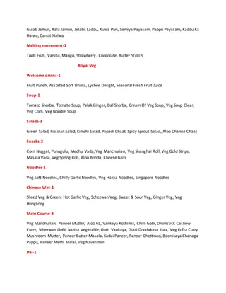 Gulab Jamun, Kala Jamun, Jelabi, Laddu, Kuwa Puri, Semiya Payasam, Pappu Payasam, Kaddu Ka
Halwa, Carrot Halwa
Melting movement-1
Tooti Fruti, Vanilla, Mango, Strawberry, Chocolate, Butter Scotch
Royal Veg
Welcome drinks-1
Fruit Punch, Assorted Soft Drinks, Lychee Delight, Seasonal Fresh Fruit Juice
Soup-1
Tomato Shorba, Tomato Soup, Palak Ginger, Dal Shorba, Cream Of Veg Soup, Veg Soup Clear,
Veg Corn, Veg Noodle Soup
Salads-3
Green Salad, Russian Salad, Kimchi Salad, Papadi Chaat, Spicy Sprout Salad, Aloo Channa Chaat
Snacks-2
Corn Nugget, Punugulu, Medhu Vada, Veg Manchurian, Veg Shanghai Roll, Veg Gold Strips,
Masala Vada, Veg Spring Roll, Aloo Bonda, Cheese Balls
Noodles-1
Veg Soft Noodles, Chilly Garlic Noodles, Veg Hakka Noodles, Singapore Noodles
Chinese Wet-1
Sliced Veg & Green, Hot Garlic Veg, Schezwan Veg, Sweet & Sour Veg, Ginger Veg, Veg
Hongkong
Main Course-3
Veg Manchurian, Paneer Mutter, Aloo 65, Vankaya Kothimir, Chilli Gobi, Drumstick Cashew
Curry, Schezwan Gobi, Mutka Vegetable, Gutti Vankaya, Gutti Dondakaya Kura, Veg Kofta Curry,
Mushroom Mutter, Paneer Butter Masala, Kadai Paneer, Paneer Chettinad, Beerakaya Chanaga
Pappu, Paneer Methi Malai, Veg Navaratan
Dal-1
 