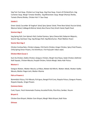 Veg Tom Yum Soup, Chicken Lun Fung Soup, Veg Clear Soup, Cream of Chicken/Corn, Veg
Cantones Soup, Murgh Tamatar Shorbha, Veg Minestrone Soup, Murgh Dhaniya Shorba,
Tomato Dhania Shorba, Chicken Hot ‘n’ Sour Soup
Salads-5
Green Salad, Cucumber & Youghurt Salad, Spicy Sprout Salad, Three Bean Salad, Russian Salad,
Maxican Salad, Cabbage & Walnut Salad, Aloo Chana Chat, Kimchi Salad, Papdi Chaat
Starters Veg-2
Veg Spring Roll, Corn Spinach Roll, Cocktail Samosa, Spicy Cheese Ball, Babycorn Majestic,
Sesemi Veg, Szechwan Veg, Veg Shangai Roll, Veg Manchurian, Phool Makhan Roast
Starter Non Veg-2
Chicken Cashew Nuts, Chicken Lolypop, Chili Garlic Chicken, Ginger Chicken, Spicy Fried Prawns,
Chilly Spring Onion Prawns, Fish Amrithsari, Fish Fry(south Indian style)
Chicken Main Couse-1
Dum Ka Chicken, Dabha Chicken, Gongura Chicken, Murgh Hara Pyaza, Kadai Chicken, Kothimer
Kodi Vepudu, Chicken Masala, Punjabi Chicken, Patiala Murgh, Nattu Kodi Pulusu
Mutton-1
Gongura Mutton, Mutton Masala, Lal Maas, Mutton Kali Mirchi, Mutton Adraki, Mutton Kadha
Masala, Mutton Rogan Josh, Mutton Khorma
Fish or Prawns-1
Bommidala Pulusu, Fish Masala, Fish Iguru, Bengali Fish Curry, Royyala Pulusu, Gongura Prawns,
Royyala Vepudu, Ginger Prawns
Common Items
Curd, Fryum, Fresh Homemade Chutney Assorted Pickle, Plain Rice, Sambar, Rasam
Biryani-2
Chicken Dum Biryani, Mutton Dum Biryani, Murgh Malai Biryani, Kodi Pulav
Chinese
 