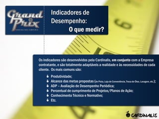 Indicadores de
        Desempenho:
               O que medir?



Os indicadores são desenvolvidos pela Cardinalis, em conjunto com a Empresa
contratante, e são totalmente adaptáveis a realidade e às necessidades de cada
cliente. Os mais comuns são:
        Produtividade;
        Alcance das metas propostas (de Pista, Loja de Conveniência, Troca de Óleo, Lavagem, etc.);
        ADP – Avaliação de Desempenho Periódica;
        Percentual de cumprimento de Projetos/Planos de Ação;
        Conhecimento Técnico e Normativo;
        Etc.
 