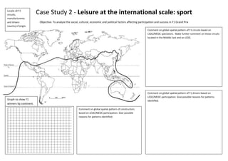 Locate all F1 circuits, manufactureres and drivers country of origin.Case Study 2 - Leisure at the international scale: sport<br />Objective: To analyse the social, cultural, economic and political factors affecting participation and success in F1 Grand Prix<br />Graph to show F1 winners by continent. Comment on global spatial pattern of constructors based on LEDC/MEDC participation. Give possible reasons for patterns identified.Comment on global spatial pattern of F1 drivers based on LEDC/MEDC participation. Give possible reasons for patterns identified.Comment on global spatial pattern of F1 circuits based on LEDC/MEDC spectators.  Make further comment on those circuits located in the Middle East and an LEDC. -7480302540<br />