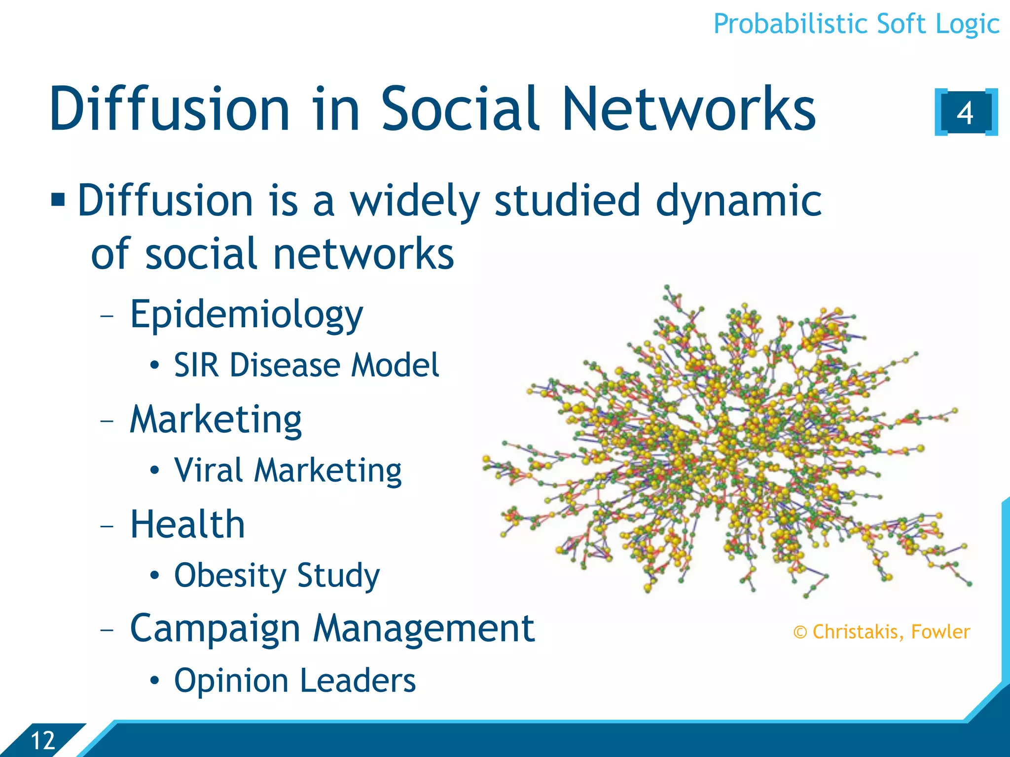 Probabilistic Soft Logic


 Diffusion in Social Networks                          [4 ]
  Diffusion is a widely studied dynamic
    of social networks
     -  Epidemiology
        •  SIR Disease Model
     -  Marketing
        •  Viral Marketing
     -  Health
        •  Obesity Study
     -  Campaign Management             © Christakis, Fowler

        •  Opinion Leaders
12
 