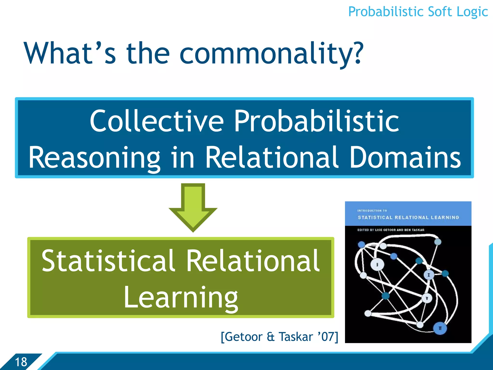 Probabilistic Soft Logic


 What’s the commonality?

         Collective Probabilistic
     Reasoning in Relational Domains


     Statistical Relational
            Learning
                   [Getoor & Taskar ’07]

18
 