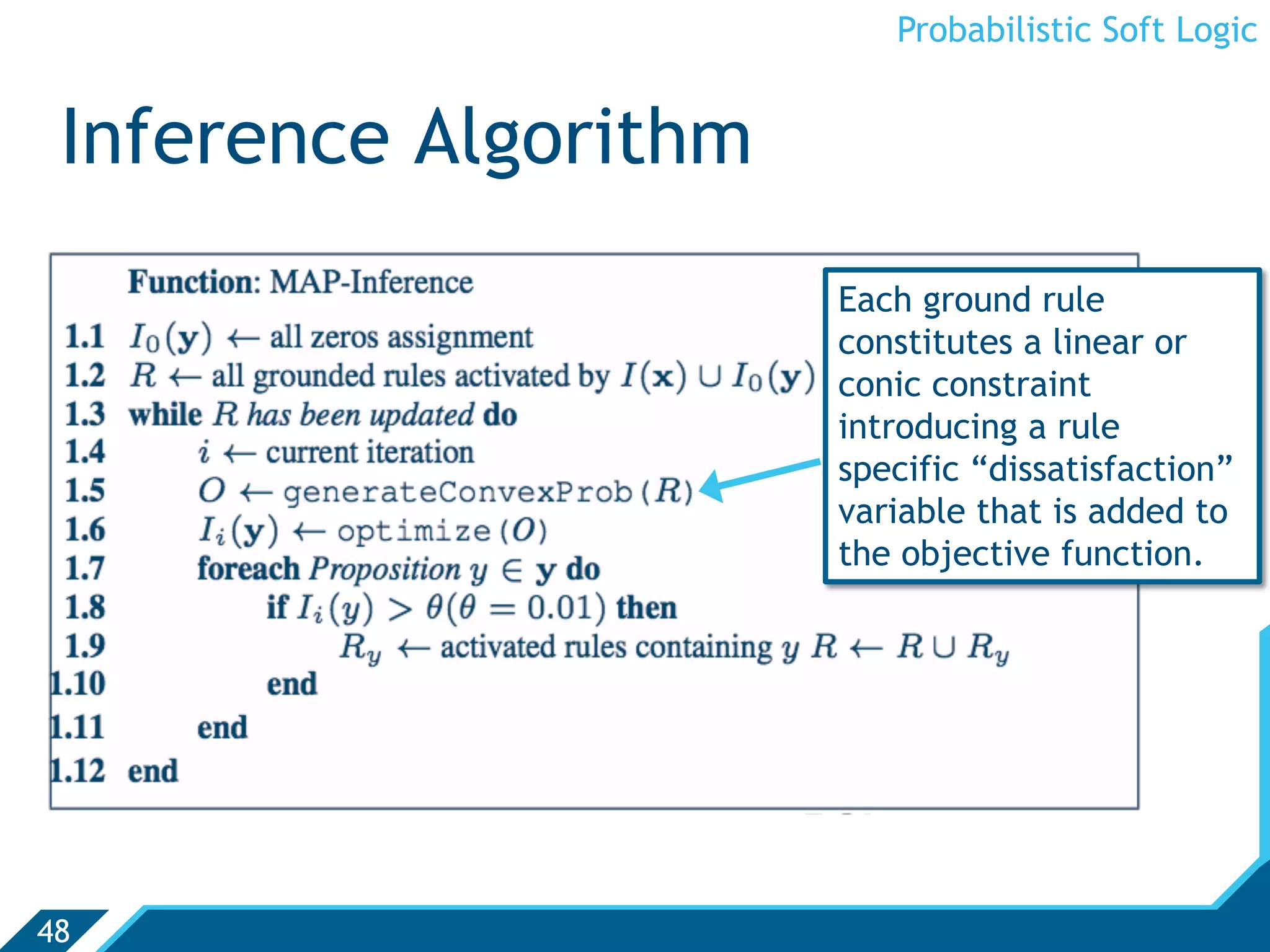 Probabilistic Soft Logic


 Inference Algorithm
                       Each ground rule
                       constitutes a linear or
                       conic constraint
                       introducing a rule
                       specific “dissatisfaction”
                       variable that is added to
                       the objective function.




48
 