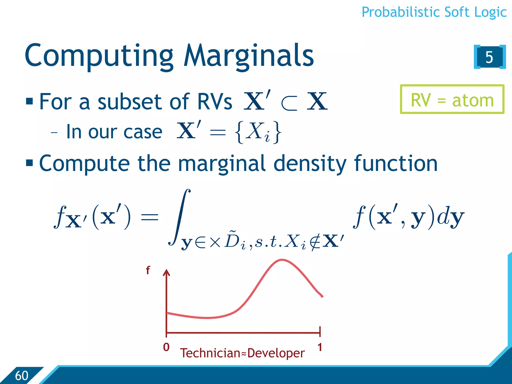 Probabilistic Soft Logic


 Computing Marginals                                               [5 ]
                                   
  For a subset of RVs X ⊂ X          RV = atom
                    
    -  In our case X = {Xi }
  Compute the marginal density function
                  
                                                     
     fX (x ) =                                  f (x , y)dy
                         ˜
                      y∈×Di ,s.t.Xi ∈X
                                    /
              f




                  |                          |
                  0                          1
                      Technician≈Developer
60
 