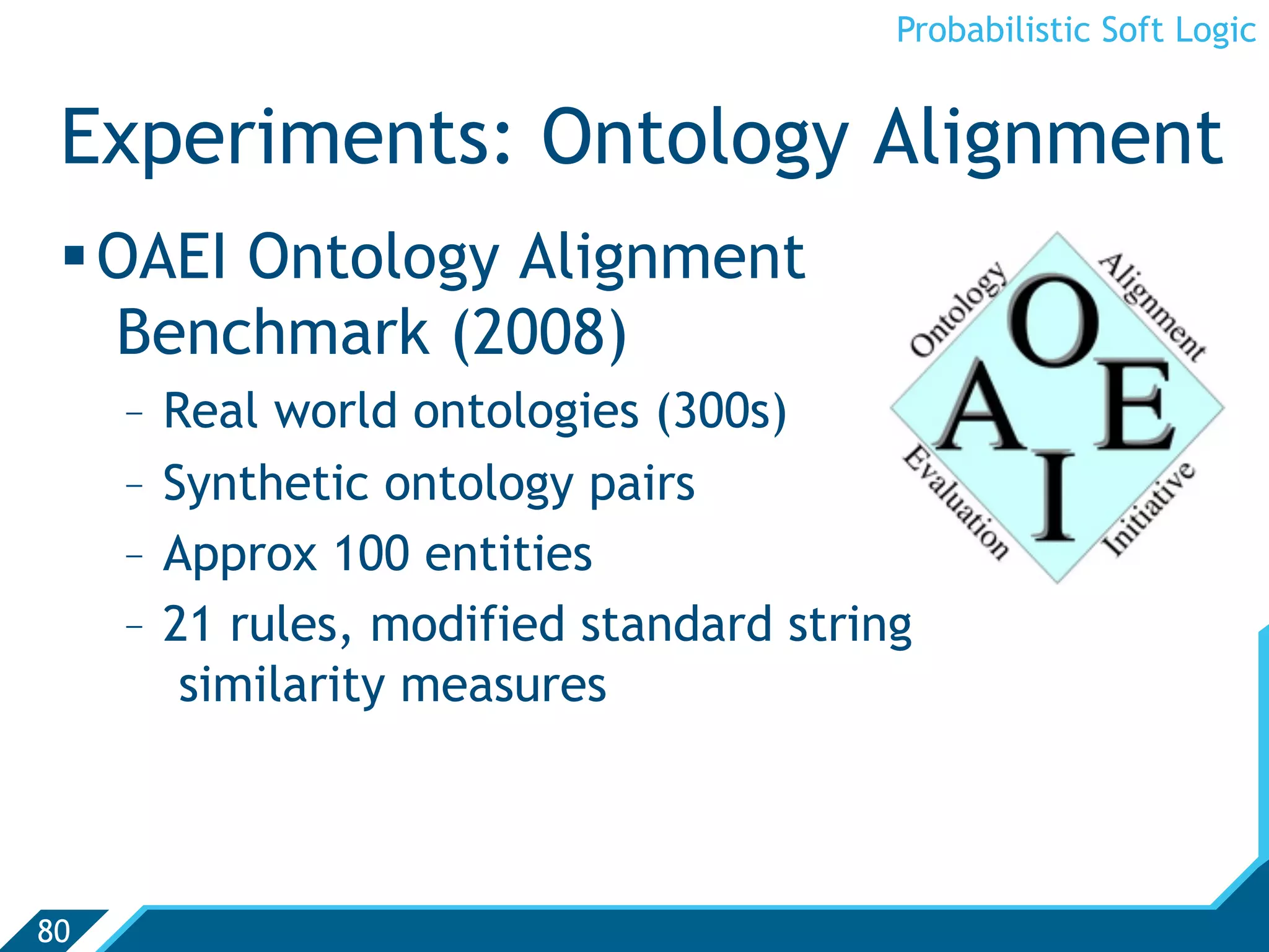 Probabilistic Soft Logic


 Experiments: Ontology Alignment
  OAEI Ontology Alignment
   Benchmark (2008)
     -  Real world ontologies (300s)
     -  Synthetic ontology pairs
     -  Approx 100 entities
     -  21 rules, modified standard string
         similarity measures



80
 