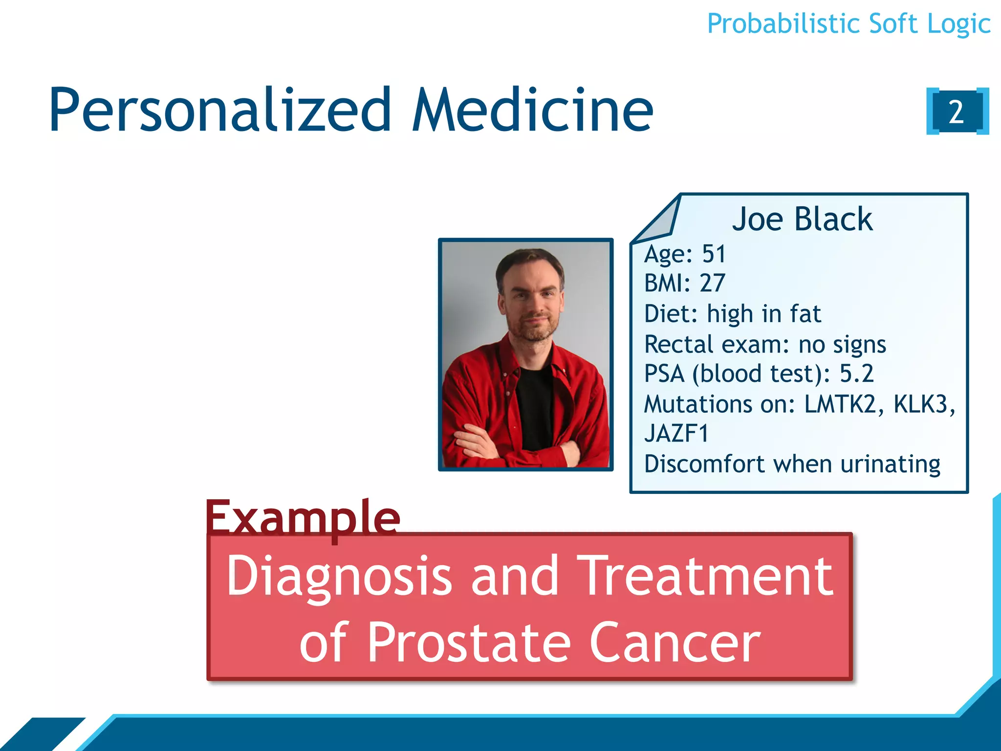 Probabilistic Soft Logic


Personalized Medicine                       [2 ]

                            Joe Black
                     Age: 51
                     BMI: 27
                     Diet: high in fat
                     Rectal exam: no signs
                     PSA (blood test): 5.2
                     Mutations on: LMTK2, KLK3,
                     JAZF1
                     Discomfort when urinating

     Example
      Diagnosis and Treatment
         of Prostate Cancer
 