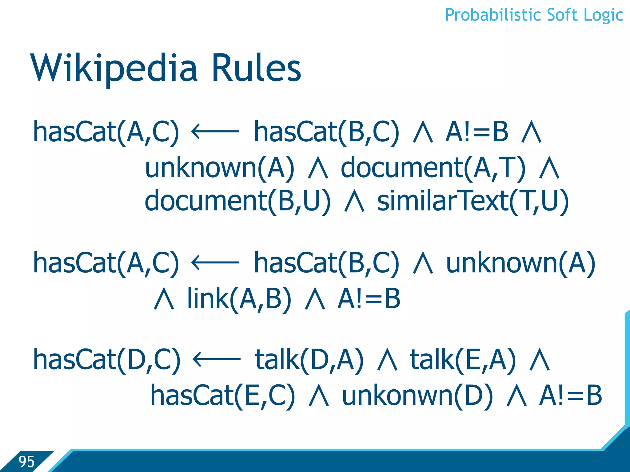 Probabilistic Soft Logic


 Wikipedia Rules
 hasCat(A,C) ô hasCat(B,C)       A!=B  
    	
  	
 unknown(A)    document(A,T)  
    	
  	
 document(B,U)   similarText(T,U)

 hasCat(A,C)   ô     hasCat(B,C)   unknown(A)
               link(A,B)   A!=B

 hasCat(D,C) ô talk(D,A)   talk(E,A)
          hasCat(E,C) unkonwn(D)     A!=B

95
 