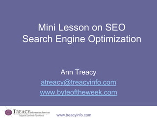 Mini Lesson on SEO
Search Engine Optimization


         Ann Treacy
   atreacy@treacyinfo.com
   www.byteoftheweek.com


       www.treacyinfo.com
 