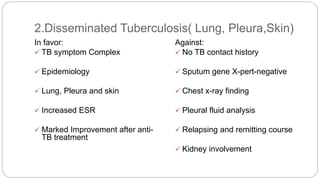 In favor:
 TB symptom Complex
 Epidemiology
 Lung, Pleura and skin
 Increased ESR
 Marked Improvement after anti-
TB treatment
Against:
 No TB contact history
 Sputum gene X-pert-negative
 Chest x-ray finding
 Pleural fluid analysis
 Relapsing and remitting course
 Kidney involvement
2.Disseminated Tuberculosis( Lung, Pleura,Skin)
 