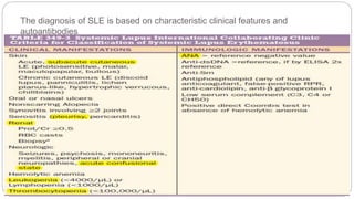 The diagnosis of SLE is based on characteristic clinical features and
autoantibodies
 
