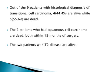  Out of the 9 patients with histological diagnosis of
transitional cell carcinoma, 4(44.4%) are alive while
5(55.6%) are dead.
 The 2 patients who had squamous cell carcinoma
are dead, both within 12 months of surgery.
 The two patients with T2 disease are alive.
 