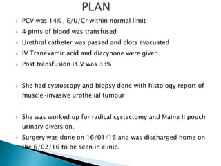  PCV was 14% , E/U/Cr within normal limit
 4 pints of blood was transfused
 Urethral catheter was passed and clots evacuated
 IV Tranexamic acid and diacynone were given.
 Post transfusion PCV was 33%
 She had cystoscopy and biopsy done with histology report of
muscle-invasive urothelial tumour
 She was worked up for radical cystectomy and Mainz II pouch
urinary diversion.
 Surgery was done on 16/01/16 and was discharged home on
the 6/02/16 to be seen in clinic.
 