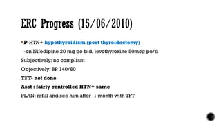 ERC Progress (15/06/2010)
 P-HTN+ hypothyroidism (post thyroidectomy)
-on Nifedipine 20 mg po bid, levothyroxine 50mcg po/d
Subjectively: no compliant
Objectively: BP 140/80
TFT- not done
Asst : fairly controlled HTN+ same
PLAN: refill and see him after 1 month with TFT
 