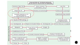 Approach To The Patient with
Thyroid Nodules/neoplasms
Thyroid sonography with survey of the cervical lymph nodes
should be performed in all patients with known or suspected thyroid
nodules. (Strong recommendation, High-Q evidence)
Ultrasound should evaluate the following:
 Thyroid parenchyma (homogeneous or heterogeneous) and gland
size; location, and sonographic characteristics of any nodule(s);
 The presence or absence of any suspicious cervical lymph nodes
in the central or lateral compartments.
 