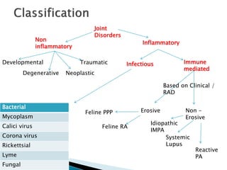 Joint
Disorders
Non
inflammatory
Inflammatory
Developmental
Degenerative Neoplastic
Traumatic Infectious Immune
mediated
Erosive Non -
Erosive
Idiopathic
IMPA
Reactive
PA
Systemic
Lupus
Feline PPP
Feline RA
Bacterial
Mycoplasm
Calici virus
Corona virus
Rickettsial
Lyme
Fungal
Based on Clinical /
RAD
 