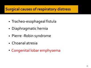 • Tracheo-esophageal fistula
• Diaphragmatic hernia
• Pierre -Robin syndrome
• Choanal atresia
• Congenital lobar emphysema
10
 