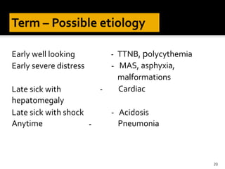 TTNB, polycythemia
MAS, asphyxia,
malformations
Cardiac
Early well looking
Early severe distress
-
-
Late sick with
hepatomegaly
-
Late sick
Anytime
with shock - Acidosis
Pneumonia-
20
 