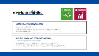 การพัฒนาที่ยั่งยืน
GOOD HEALTH AND WELL-BEIN
มีสุขภาพและความเป็นอยู่ที่ดี
DECENT WORK AND ECONOMIC GROWTH
การจ้างงานที่มีคุณค่าและการเติบโตทางเศรษฐกิจ
ทาให้คนหันมาใส่ใจสุขภาพให้มากขึ้นด้วยการออกกาลังกายที่จะส่งผลให้มีสุภาพร่างกายที่ดีในอนาคต
ด้วยการมีเครื่องกีฬาที่ดีมีคุณภาพ
ส่งเสริมให้มีการจ้างงานในประเทศ ทั้งในด้านโรงงาน การผลิตสินค้า การบริการให้มีการจ้างงาน
คนในประเทศเพื่อเป็นการสร้างอาชีพและลดปัญหาการว่างงานของคนในประเทศ ช่วยให้เศรษฐกิจโดยร่วมดีขึ้น
 