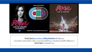 Grand Sportจัดคอนเสิร์ตของ Raisa Andriana เพื่อใกล้ชิดแฟนๆ
โดยแฟนๆที่อยากเป็นส่วนหนึ่งในงานนี้สามารถลงทะเบียนรับสิทธิ์เข้าร่วมงานโดยส่งอีเมลใบเสร็จที่มีการซื้อสินของทาง
Grand Sport ตามเงื่อนไขที่กาหนด
 